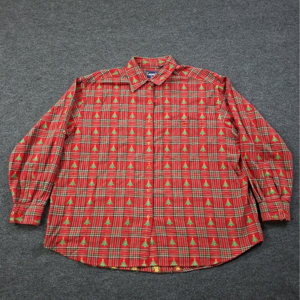 Vintage Company One Women Christmas Shirt 2X Red Tartan Plaid Embroidered Pocket